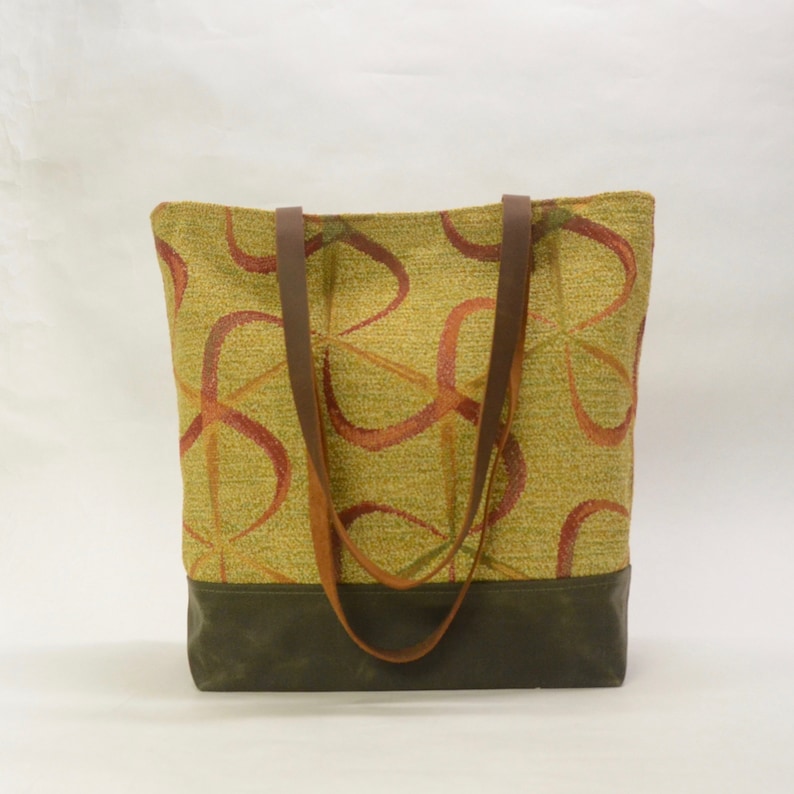 Ribbon Swirl Waxed Canvas Tote Bag with Leather Straps