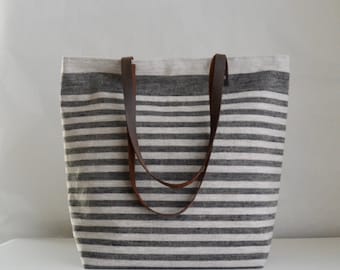 Black Mini Stripe Linen Tote Bag with Leather Handles - READY TO SHIP