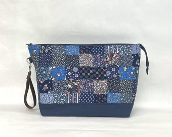 Patchwork Navy XL Zipper Knitting Project Craft Wedge Bag with Detachable Wrist Strap