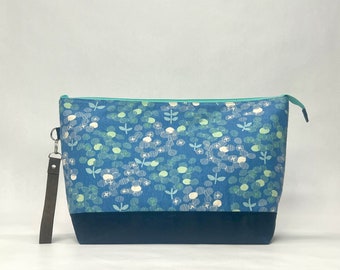 Rifle Paper Co Rosa Blue XL Zipper Knitting Project Craft Wedge Bag with Detachable Leather Wrist Strap