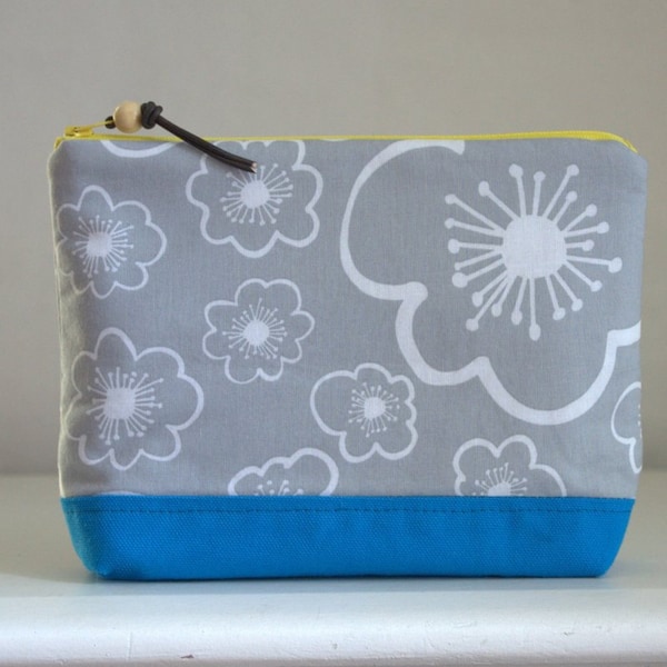 Grey Flowers Large Padded Zipper Pouch Gadget Case Cosmetics Bag - READY TO SHIP