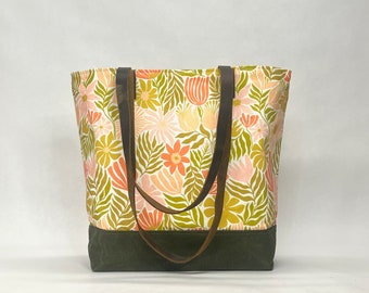 Christine Peach / Waxed Canvas Tote Bag with Leather Straps