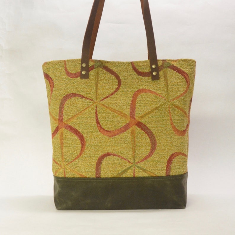 Ribbon Swirl Waxed Canvas Tote Bag with Leather Straps