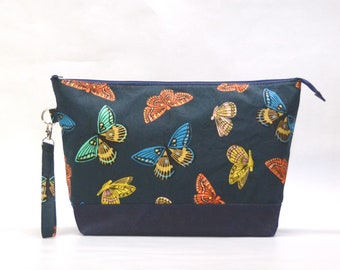 Rifle Paper Co. Butterflies Dark XL Zipper Knitting Project Craft Wedge Bag with Detachable Leather Wrist Strap