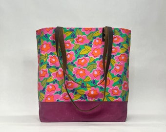 Blossoms and Buds / Waxed Canvas Tote Bag with Leather Straps