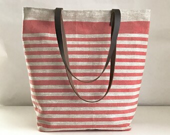 Red Mini Stripe Linen Tote Bag with Leather Handles - READY TO SHIP