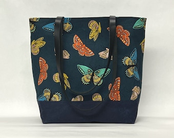 Butterflies Navy / Waxed Canvas Tote Bag with Leather Straps
