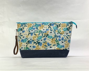 Rifle Paper Co Rosa Blue XL Zipper Knitting Project Craft Wedge Bag with Detachable Leather Wrist Strap