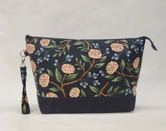 Rifle Paper Co. Herb Peonies Blue  XL Zipper Knitting Project Craft Wedge Bag with Detachable Wrist Strap