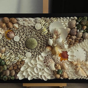 Framed Seashell Mosaic: Coastal Nautical Wall Art