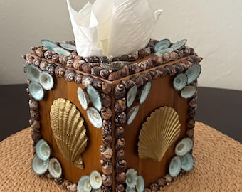 May include: A square wooden tissue box cover decorated with small brown spiral seashells along the edges and corners. Each side features a large, gold-colored fan-shaped seashell centered on the wood, accented by smaller, iridescent blue-tinted shells.