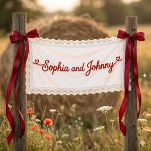 K&ouml;nnte beinhalten: Ein rechteckiges Banner aus wei&szlig;em Stoff mit dem gestickten roten Schriftzug Sophia and Johnny und kleinen Herzakzenten. Das Banner ist mit wei&szlig;er Spitze eingefasst und mit dunkelroten Satinb&auml;ndern an zwei Holzpfosten befestigt.
