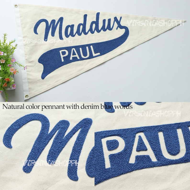 May include: A triangular off-white felt pennant featuring the name Maddux in blue cursive script and the name PAUL in blue block letters on a blue banner shape. The pennant includes metal grommets along the left side for hanging purposes.