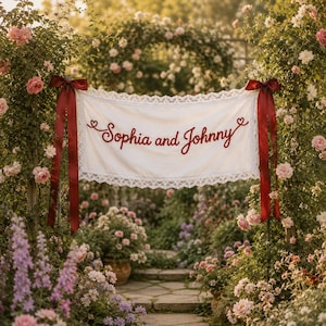 K&ouml;nnte beinhalten: Ein rechteckiges Banner aus wei&szlig;em Stoff mit dem gestickten roten Schriftzug Sophia and Johnny und kleinen Herzakzenten. Das Banner ist mit wei&szlig;er Spitze eingefasst und wird an beiden Seiten von zwei langen, dunkelroten Satinb&auml;ndern gehalten.