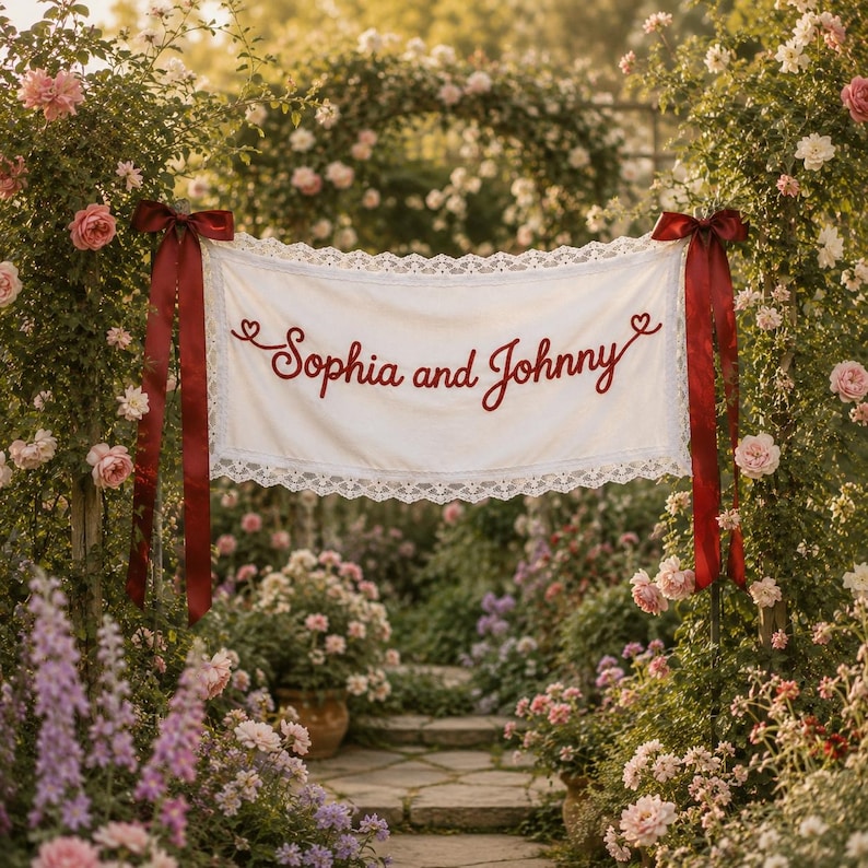 K&ouml;nnte beinhalten: Ein rechteckiges Banner aus wei&szlig;em Stoff mit dem gestickten roten Schriftzug Sophia and Johnny und kleinen Herzakzenten. Das Banner ist mit wei&szlig;er Spitze eingefasst und wird an beiden Seiten von zwei langen, dunkelroten Satinb&auml;ndern gehalten.