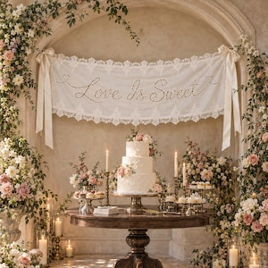 May include: A white fabric banner with lace trim and the text Love Is Sweet in a cursive font, suspended by cream ribbons. Below, a three-tiered white cake sits on a round wooden table, surrounded by floral arrangements and lit candles.