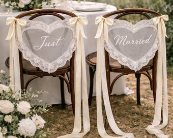 "Personalisierte Spitze ""Just Married"" Stuhlschild für Braut und Bräutigam, Hochzeitsstuhldekor, schiere Spitzeschilder, benutzerdefinierte Hochzeitsstuhlbanner."