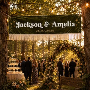 May include: A dark green banner displaying the names "Jackson & Amelia" and the date "26.07.2026" in white script, with star details and a cream fringe. The banner is hung between trees at an outdoor wedding celebration.