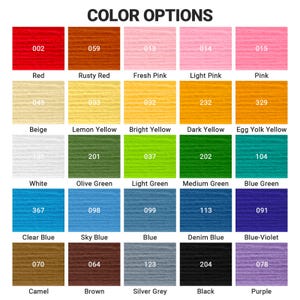 K&ouml;nnte beinhalten: Eine Farbkarte mit der &Uuml;berschrift COLOR OPTIONS, die ein Raster aus 30 rechteckigen Farbfeldern zeigt. Jedes Feld enth&auml;lt eine Farbe, einen Zahlencode und den entsprechenden Farbnamen, darunter Rot, Rosa, Gelb, Gr&uuml;n, Blau, Braun und Schwarz.