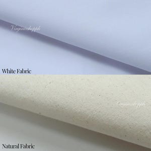 May include: Two types of fabric are displayed. The top section shows a smooth, solid white fabric with the text "Virginiashopph" and "White Fabric" printed. The bottom section shows a textured, off-white natural fabric with visible flecks.