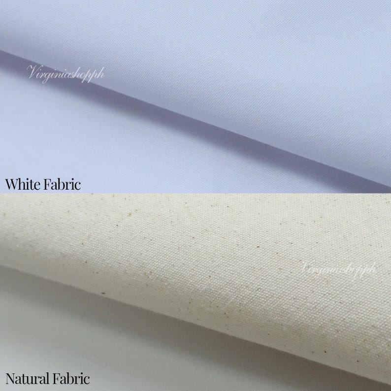 May include: Two types of fabric are displayed. The top section shows a smooth, solid white fabric with the text "Virginiashopph" and "White Fabric" printed. The bottom section shows a textured, off-white natural fabric with visible flecks.