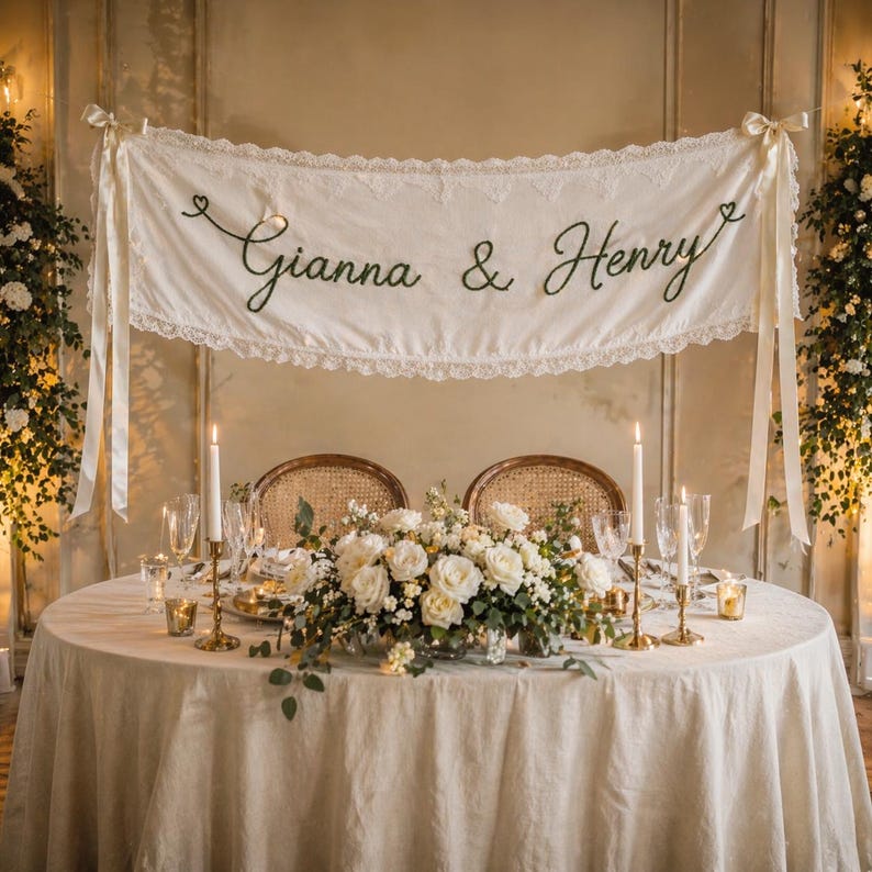 K&ouml;nnte beinhalten: Ein cremefarbenes Stoffbanner mit dem gestickten Text "Gianna & Henry" in dunkelgr&uuml;ner Schreibschrift, verziert mit Spitzenbesatz und an beiden Enden mit B&auml;ndern gebunden. Das Banner h&auml;ngt &uuml;ber einem runden Tisch mit einem floralen Gesteck.