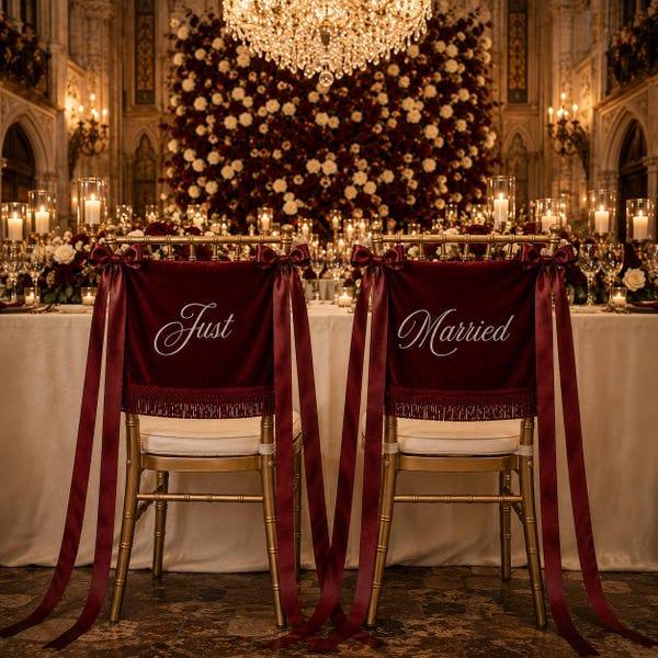 Personalized Velvet Just Married Chair Sign,Retro Wedding Chair Decor,Wedding Chair Covers,Sweetheart Table Sign Decor