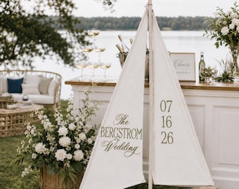 Custom Coastal Wedding Decor,Wedding Sail Pennant,Embroidered Fabric Wedding Welcome Sign,Sailboat decor,Garden wedding decor