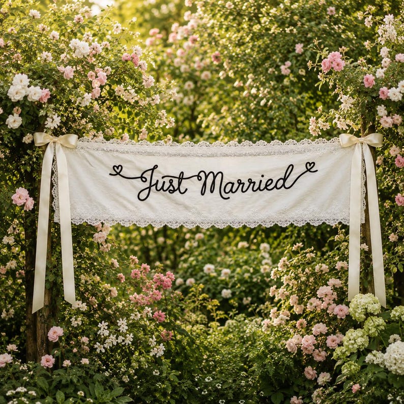 K&ouml;nnte beinhalten: Ein rechteckiges Banner aus cremefarbenem Stoff mit dem schwarzen, kursiven Schriftzug Just Married und kleinen Herzakzenten. Das Banner ist mit einer filigranen wei&szlig;en Spitzenborte verziert und an zwei langen, glatten cremefarbenen Satinb&auml;ndern befestigt.