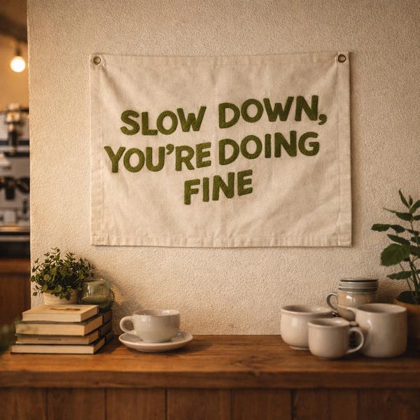 Tapiz bordado a mano personalizado con la frase "Slow Down You're Doing Fine", arte de pared con cita positiva, decoración para aulas y oficinas.