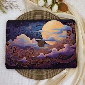 May include: A laptop case featuring a celestial design with a large, glowing moon, fluffy clouds, and a starry night sky. The artwork incorporates shades of purple, blue, and gold, with an Apple logo cutout. The case is designed to fit a laptop.