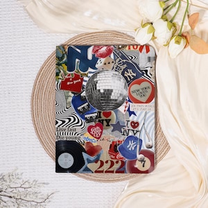 May include: A collage of stickers and images with a New York theme. Includes a disco ball, a vinyl record, a Coca-Cola can, and the text "New York Loves You". The color palette is a mix of red, blue, white, and black.