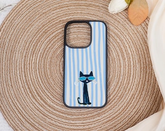 Blue Striped Cool Cat iPhone Case,Personalized Cover for iPhone 17/16/15 Pro Max,iPhone Air 16e SE XR,iPhone 13/12 Mini 8/7 Plus