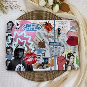 May include: A collage of images and text on a white background. The collage includes a ladybug, a traffic light, a red lip, a disco ball, a person's face, a street sign, and a handwritten note that says "Call me if you get lost".