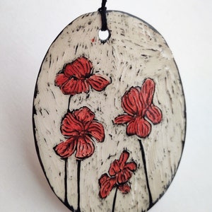 Ceramic Poppies Ornament red flower decoration sgraffito pottery black and white garden home decor floral print painted flowers image 2