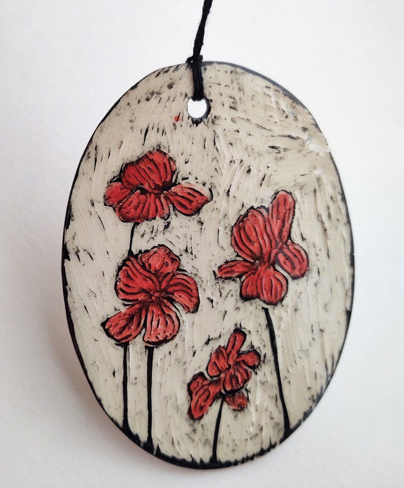 Ceramic Poppies Ornament red flower decoration sgraffito pottery black and white garden home decor floral print painted flowers image 2