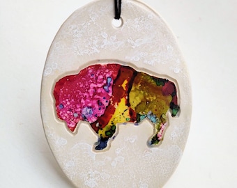 Buffalo Pottery Ornament – Painted Bison – Animal Art – Alcohol Ink painting – home décor – one of a kind OOAK - goldhawk pottery