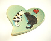 Calico and Black Cat Heart Dish for Tea Bag Holder or Spoon Rest from Goldhawk Pottery Etc