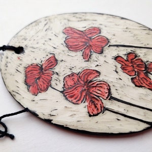 Ceramic Poppies Ornament red flower decoration sgraffito pottery black and white garden home decor floral print painted flowers image 5