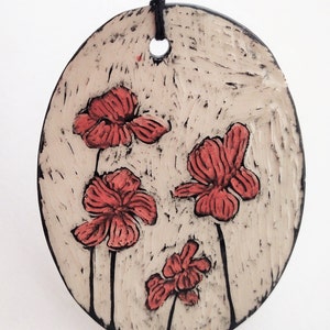 Ceramic Poppies Ornament red flower decoration sgraffito pottery black and white garden home decor floral print painted flowers image 1