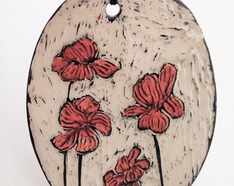 Ceramic Poppies Ornament – red flower decoration – sgraffito pottery – black and white – garden home decor – floral print - painted flowers