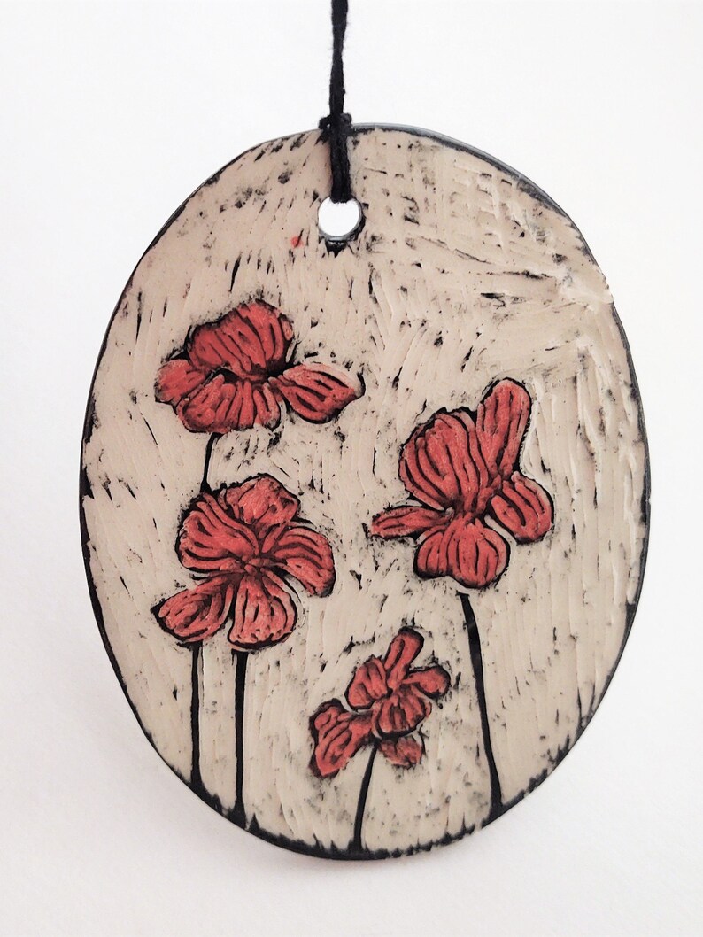Ceramic Poppies Ornament red flower decoration sgraffito pottery black and white garden home decor floral print painted flowers image 1