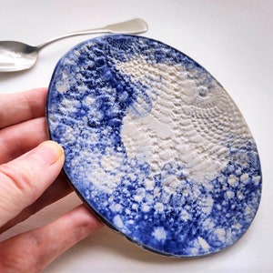 Blue Lace Plate White Pottery ceramic dessert dish spoon rest decorative plate stoneware pottery doily design image 4