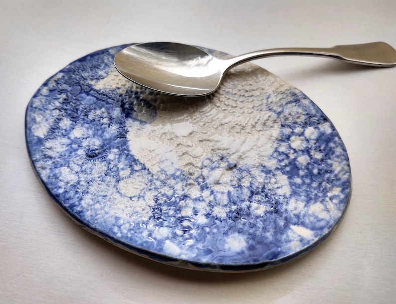 Blue Lace Plate White Pottery ceramic dessert dish spoon rest decorative plate stoneware pottery doily design image 2