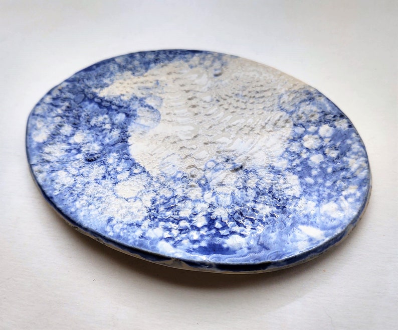 Blue Lace Plate White Pottery ceramic dessert dish spoon rest decorative plate stoneware pottery doily design image 1
