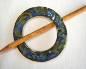 Blue Green Shawl Pin Scarf Pin Brooch in Handmade Ceramic with Wood Stick Pin