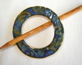 Blue Green Shawl Pin Scarf Pin Brooch in Handmade Ceramic with Wood Stick Pin