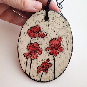 Ceramic Poppies Ornament red flower decoration sgraffito pottery black and white garden home decor floral print painted flowers image 3