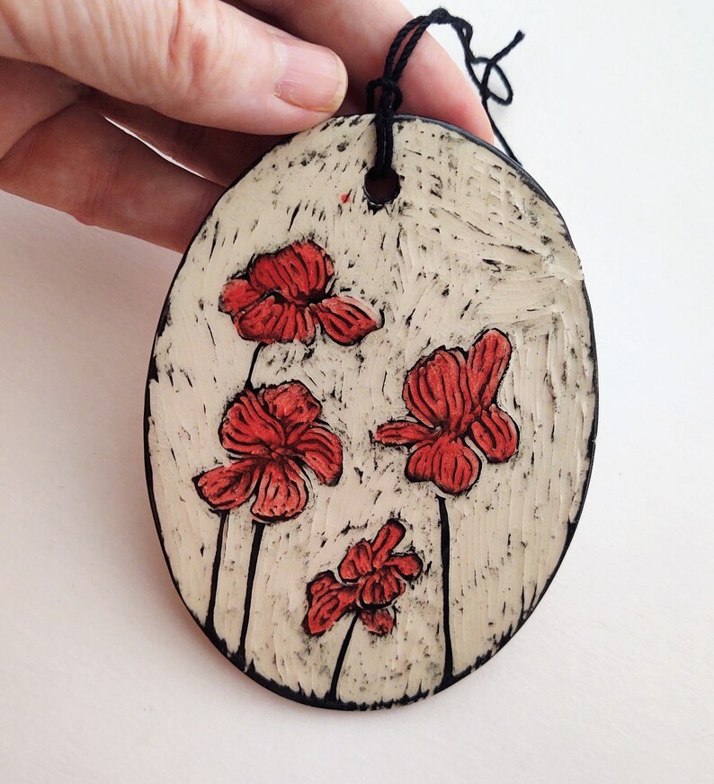 Ceramic Poppies Ornament red flower decoration sgraffito pottery black and white garden home decor floral print painted flowers image 3