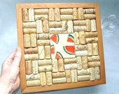 Wine Cork Trivet with Watermelon Painted Tile in Handmade Wood Frame